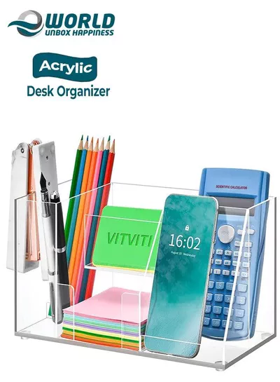 Clear Acrylic Desk Organizer with 5 Compartments, Pen Holder, Sticky Notes Box, Business Card Holder, and Phone Stand, Streamline Office Storage and Elevate Workspace.-0