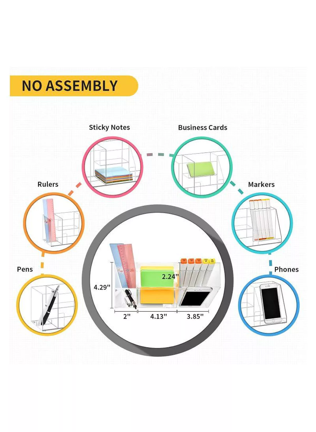 Clear Acrylic Desk Organizer with 5 Compartments, Pen Holder, Sticky Notes Box, Business Card Holder, and Phone Stand, Streamline Office Storage and Elevate Workspace.-2-2