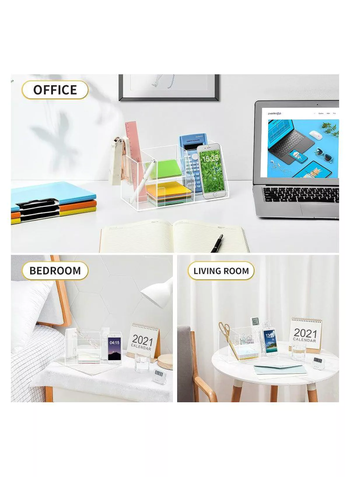 Clear Acrylic Desk Organizer with 5 Compartments, Pen Holder, Sticky Notes Box, Business Card Holder, and Phone Stand, Streamline Office Storage and Elevate Workspace.-5-5