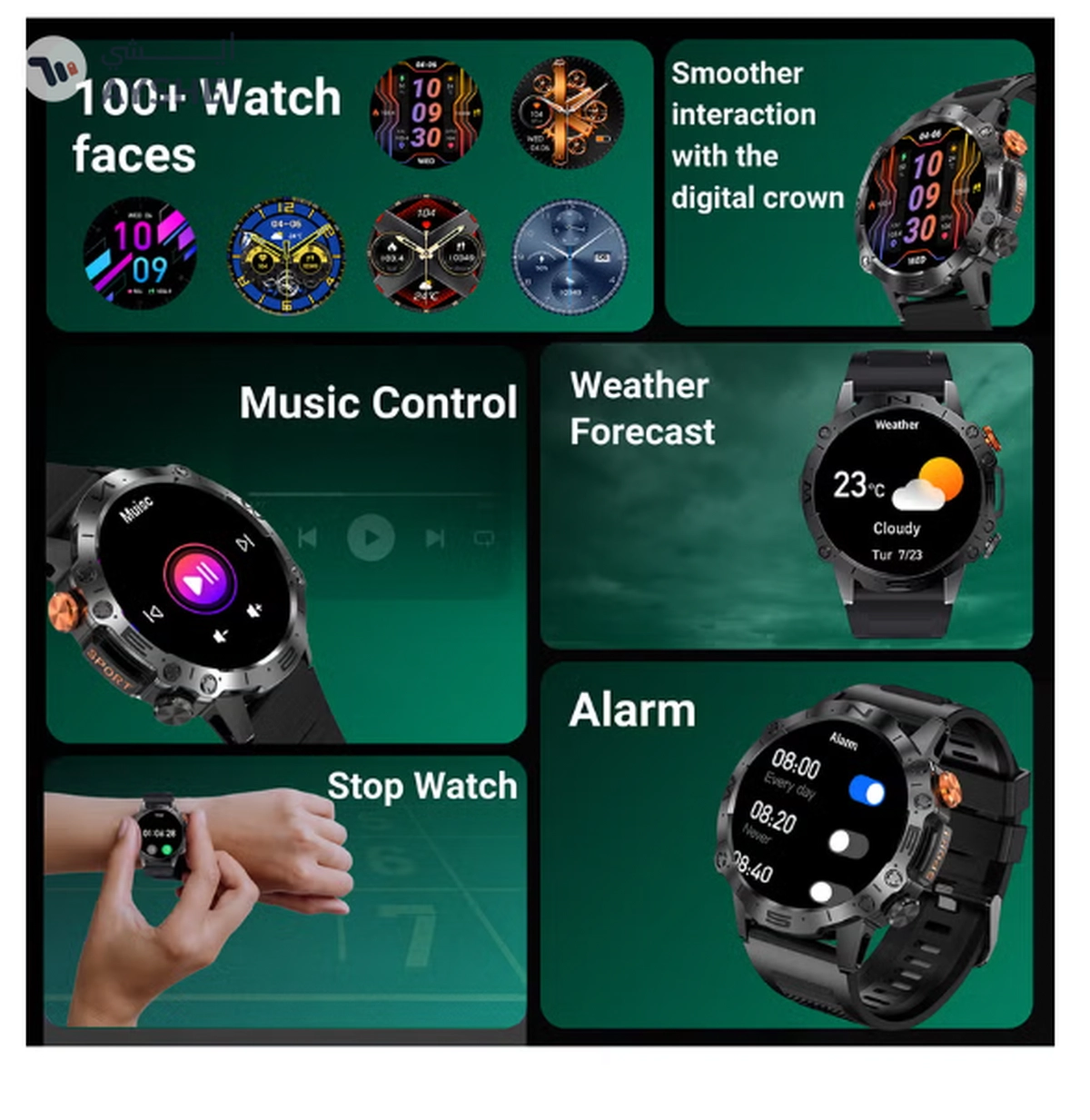 Armfit Dome Smartwatch For Men, AMOLED Always On Display Bluetooth Calling Waterproof Fitness Watches Compatible With Android iOS Black-1-1