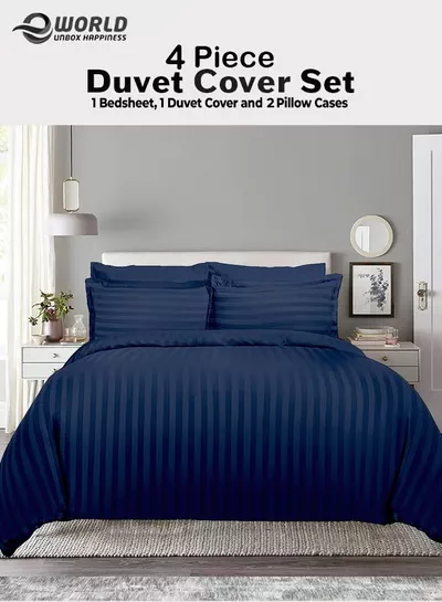 Eworld Premium Striped Duvet Set All Season – 4-Pieces Set Navy Blue | King Size 220x240 cm | Ultra-Soft, Wrinkle-Resistant & Made in Dubai | Includes Duvet Cover, Fitted Sheet (200x200 cm) & 2 Pillowcases (50x70 cm)-0