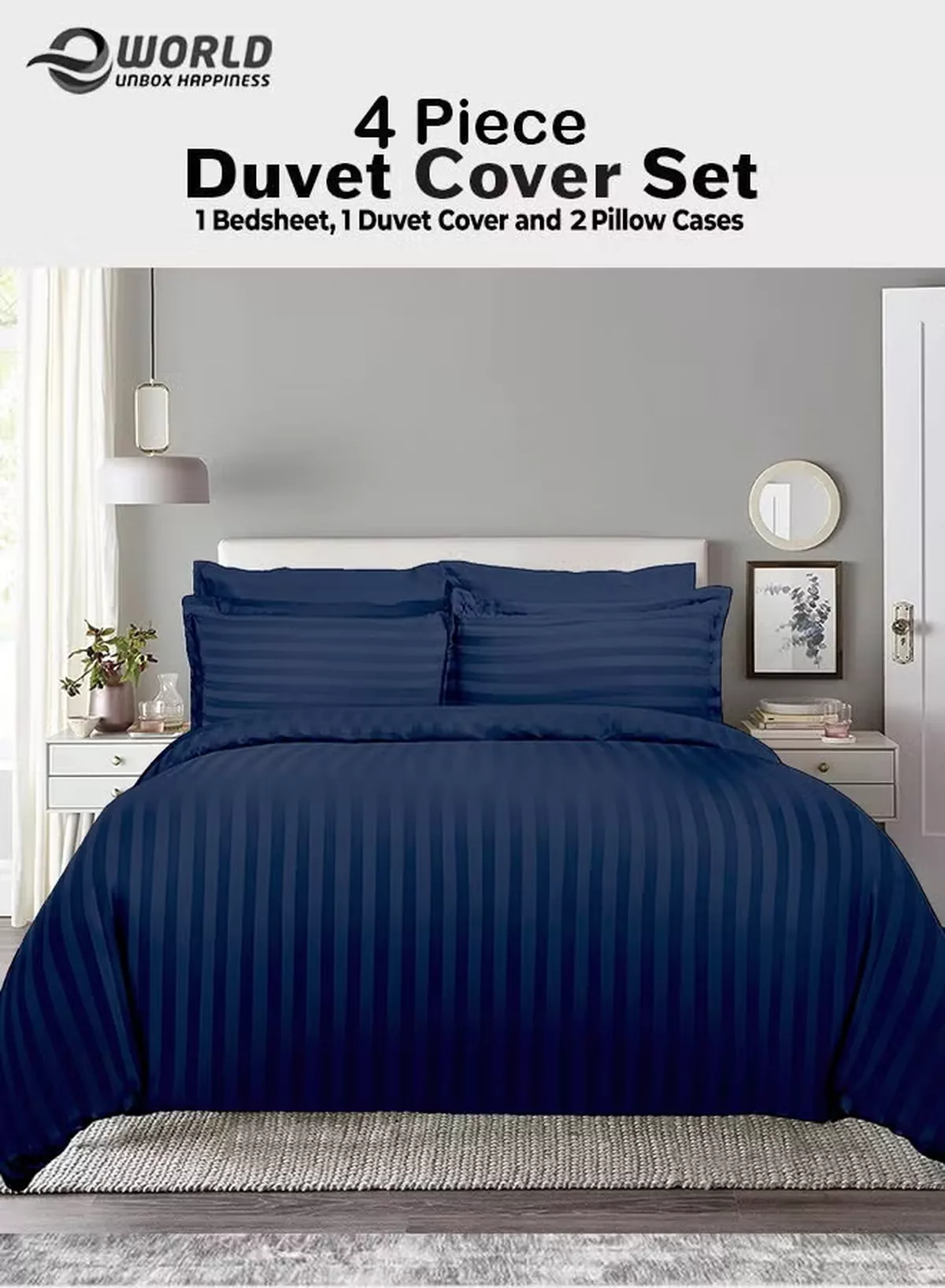 Eworld Premium Striped Duvet Set All Season – 4-Pieces Set Navy Blue | King Size 220x240 cm | Ultra-Soft, Wrinkle-Resistant & Made in Dubai | Includes Duvet Cover, Fitted Sheet (200x200 cm) & 2 Pillowcases (50x70 cm)