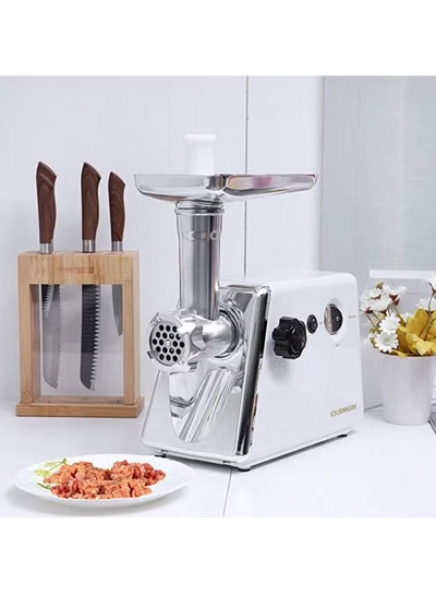  Olsenmark Meat Grinder with Stainless Steel Blades, Powerful Copper Motor, Reverse Function, Sausage, Kubbe & Food Pusher Attachments- Perfect for Grinding Ground Meat for Burgers, Sausages, Meatballs, and More 800 W OMMG2110 White/Silver-5