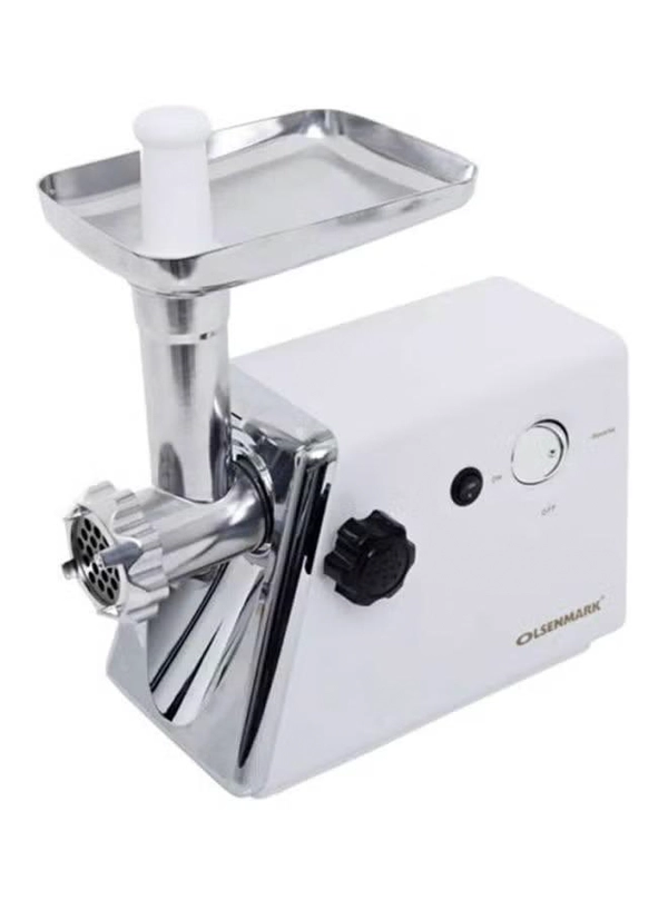 Olsenmark Meat Grinder with Stainless Steel Blades, Powerful Copper Motor, Reverse Function, Sausage, Kubbe & Food Pusher Attachments- Perfect for Grinding Ground Meat for Burgers, Sausages, Meatballs, and More 800 W OMMG2110 White/Silver