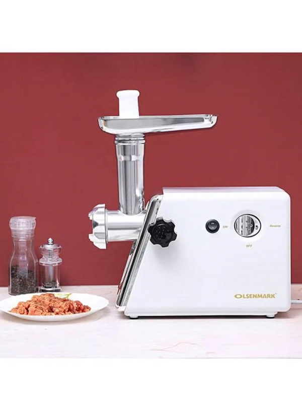 Olsenmark Meat Grinder with Stainless Steel Blades, Powerful Copper Motor, Reverse Function, Sausage, Kubbe & Food Pusher Attachments- Perfect for Grinding Ground Meat for Burgers, Sausages, Meatballs, and More 800 W OMMG2110 White/Silver