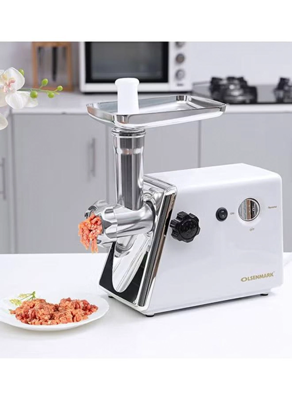 Olsenmark Meat Grinder with Stainless Steel Blades, Powerful Copper Motor, Reverse Function, Sausage, Kubbe & Food Pusher Attachments- Perfect for Grinding Ground Meat for Burgers, Sausages, Meatballs, and More 800 W OMMG2110 White/Silver