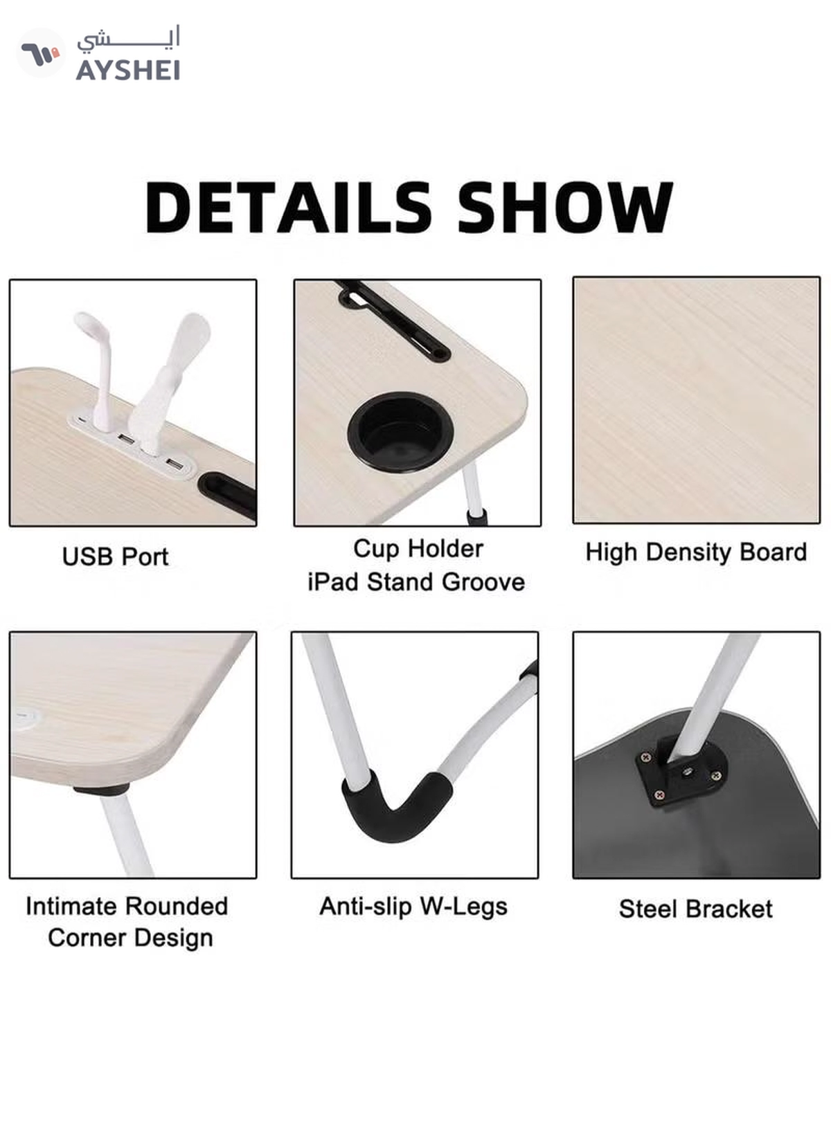 DubaiGallery Laptop Bed Desk, Portable Foldable Laptop Bed Table with USB Charge Port Storage Drawer and Cup Holder,Lap Desk Laptop Stand Tray Table Serving Tray for Eating, Reading and Working-3-3