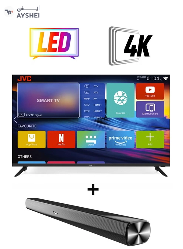 JVC 50 Inch 4K UHD Edgeless Smart TV With Dolby Audio + 2.0CH Soundbar Plus Bluetooth, Usb, Fm Radio With 600W PMPO LT-50N7105+THN322B Black