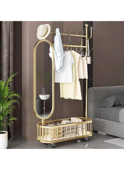 DubaiGallery 3 In 1 Luxury Floor Standing Rotatable Clothes Hanger with Full Length Dressing Mirror, Storage Hooks and Basket, Universal Wheels, Gold Finish 80cm-1