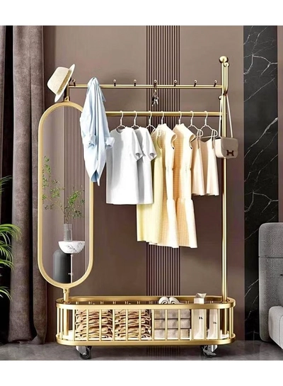 DubaiGallery 3 In 1 Luxury Floor Standing Rotatable Clothes Hanger with Full Length Dressing Mirror, Storage Hooks and Basket, Universal Wheels, Gold Finish 80cm-0
