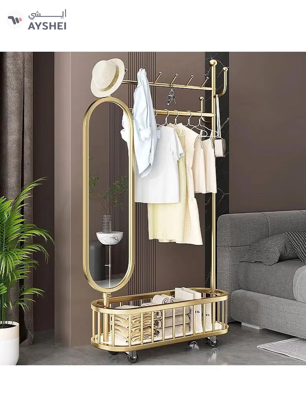 DubaiGallery 3 In 1 Luxury Floor Standing Rotatable Clothes Hanger with Full Length Dressing Mirror, Storage Hooks and Basket, Universal Wheels, Gold Finish 80cm-1-1