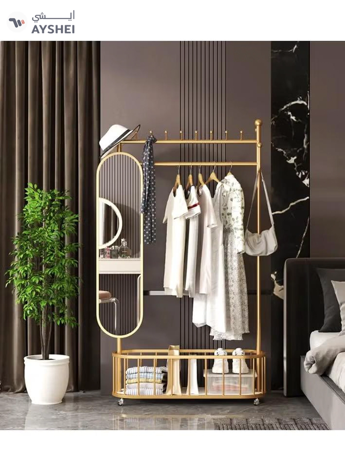 DubaiGallery 3 In 1 Luxury Floor Standing Rotatable Clothes Hanger with Full Length Dressing Mirror, Storage Hooks and Basket, Universal Wheels, Gold Finish 80cm-2-2