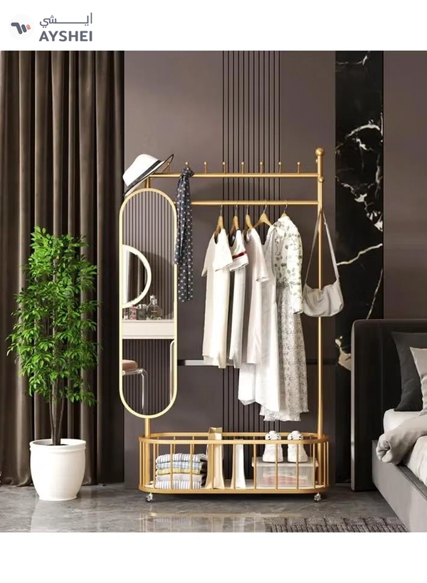 DubaiGallery 3 In 1 Luxury Floor Standing Rotatable Clothes Hanger with Full Length Dressing Mirror, Storage Hooks and Basket, Universal Wheels, Gold Finish 80cm