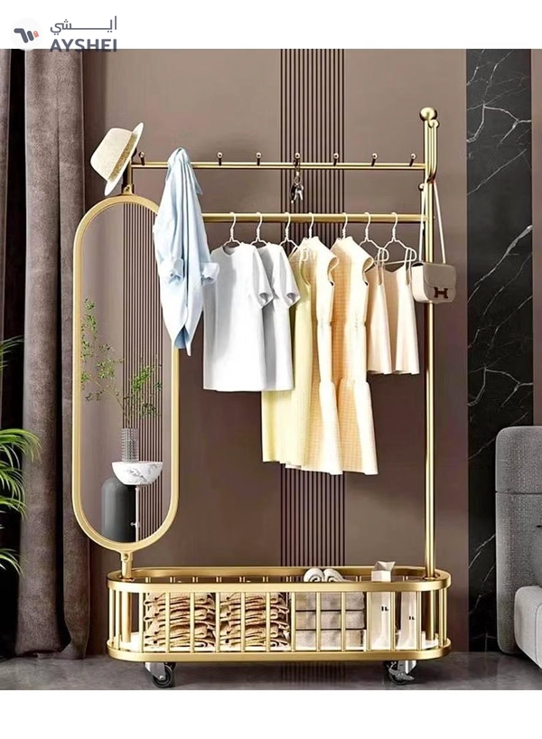 DubaiGallery 3 In 1 Luxury Floor Standing Rotatable Clothes Hanger with Full Length Dressing Mirror, Storage Hooks and Basket, Universal Wheels, Gold Finish 80cm
