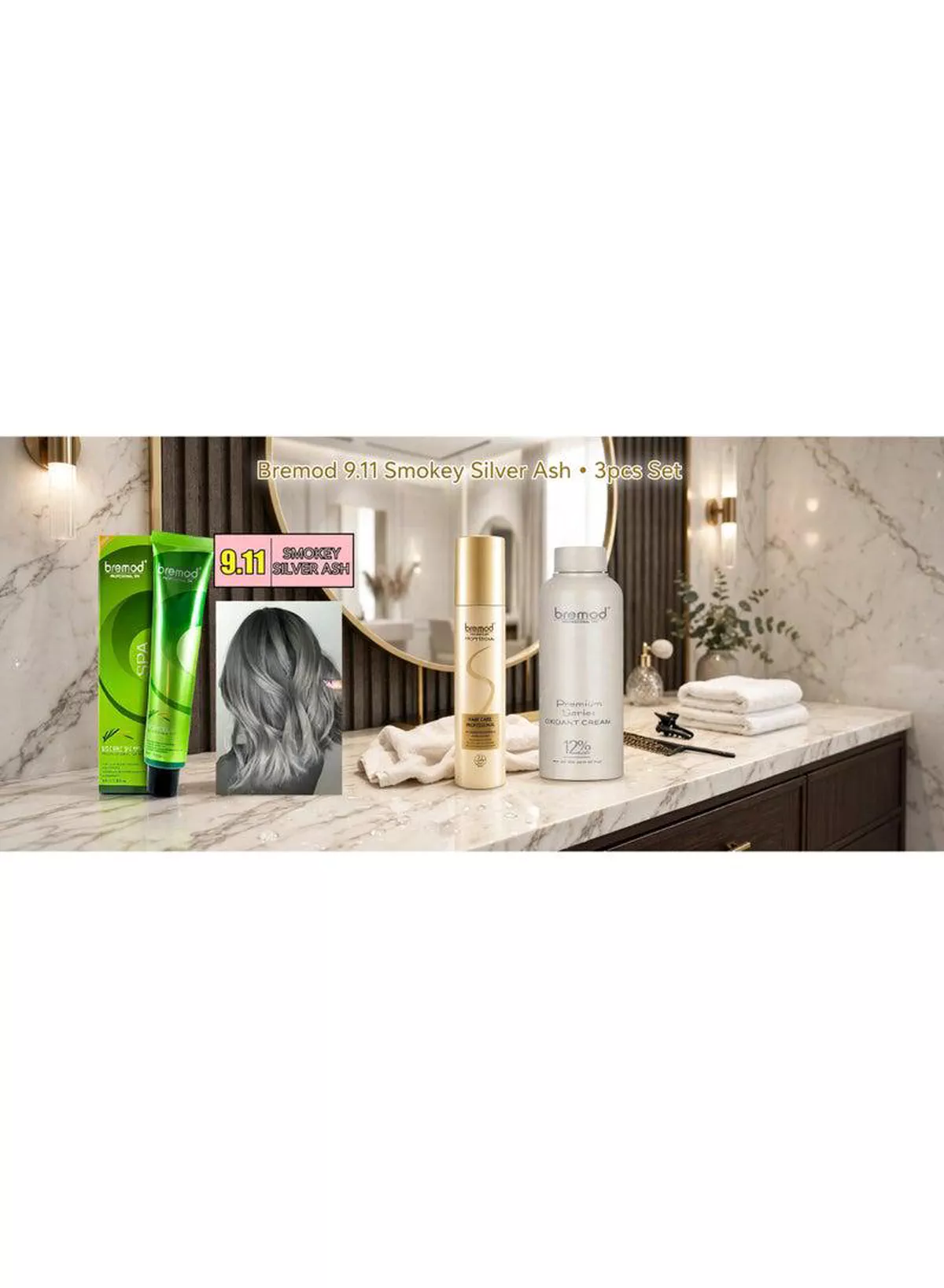 Premium Bremod 3 Piece Hair Color and Styling Kit – Smokey Silver Ash 9.11 Hair Color, 12% Professional Oxidant Cream and Styling Spray for Beautiful Salon-Looking Color, Enhanced Shine, Easy Application and Complete Styling-2-2