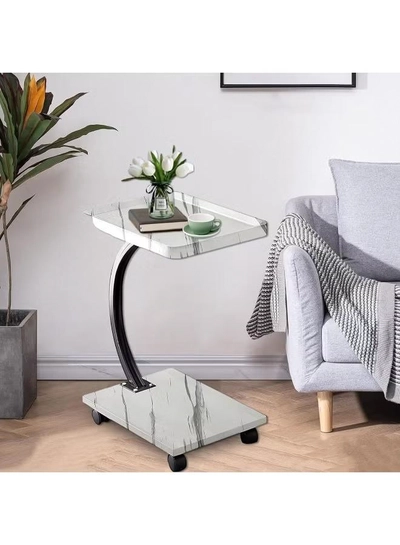 DubaiGallery Elegant wheeled side table with marble look design, sturdy metal frame, compact C shape, slides under seating, ideal for laptops, coffee, reading, modern living spaces, in, homes, apartments, offices, studios.-2