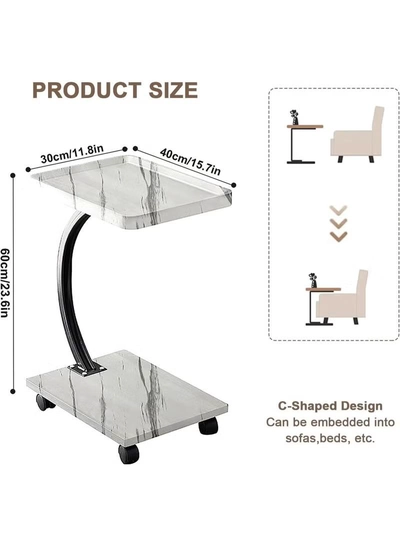 DubaiGallery Elegant wheeled side table with marble look design, sturdy metal frame, compact C shape, slides under seating, ideal for laptops, coffee, reading, modern living spaces, in, homes, apartments, offices, studios.-3