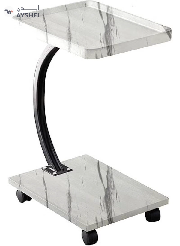 DubaiGallery Elegant wheeled side table with marble look design, sturdy metal frame, compact C shape, slides under seating, ideal for laptops, coffee, reading, modern living spaces, in, homes, apartments, offices, studios.
