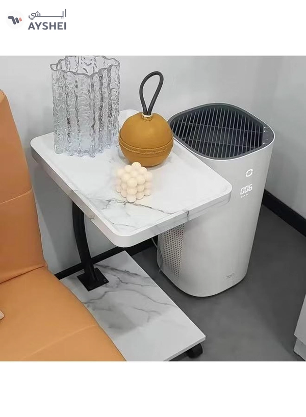 DubaiGallery Elegant wheeled side table with marble look design, sturdy metal frame, compact C shape, slides under seating, ideal for laptops, coffee, reading, modern living spaces, in, homes, apartments, offices, studios.