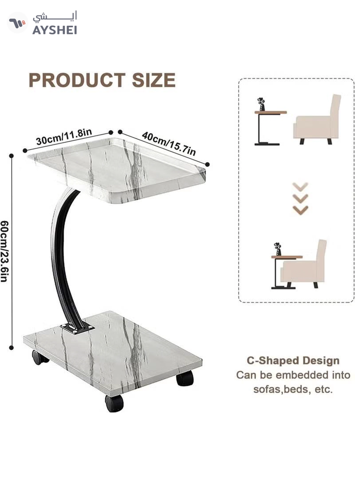 DubaiGallery Elegant wheeled side table with marble look design, sturdy metal frame, compact C shape, slides under seating, ideal for laptops, coffee, reading, modern living spaces, in, homes, apartments, offices, studios.-3-3