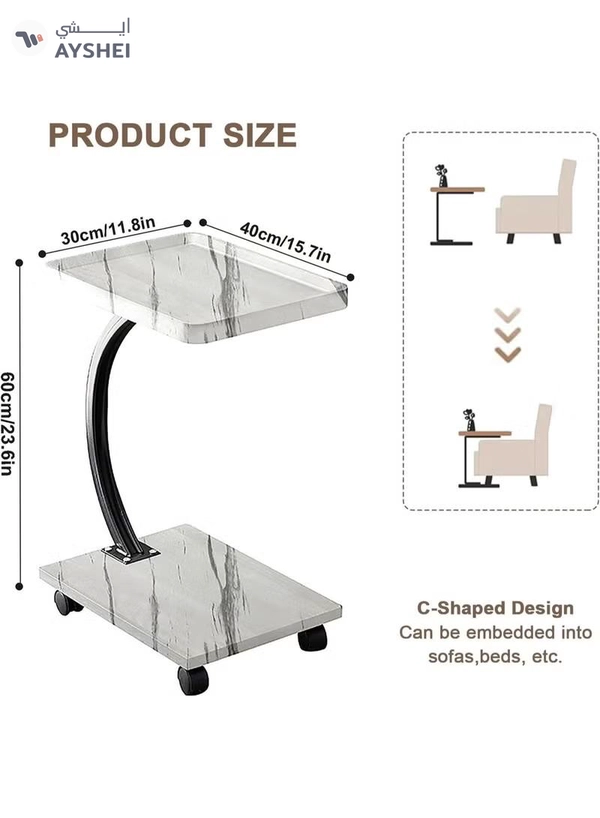 DubaiGallery Elegant wheeled side table with marble look design, sturdy metal frame, compact C shape, slides under seating, ideal for laptops, coffee, reading, modern living spaces, in, homes, apartments, offices, studios.