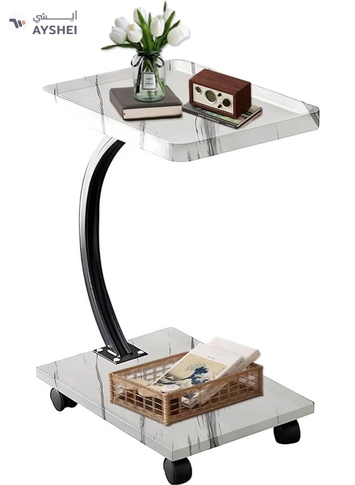 DubaiGallery Elegant wheeled side table with marble look design, sturdy metal frame, compact C shape, slides under seating, ideal for laptops, coffee, reading, modern living spaces, in, homes, apartments, offices, studios.-4-4