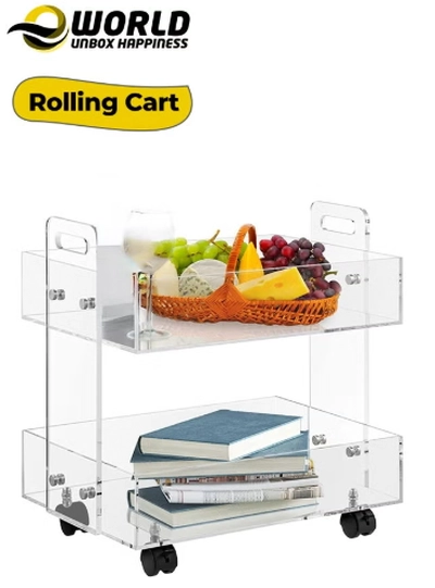 Eworld Versatile Acrylic Carts on Wheels Featuring Thick Board and Lockable Swivel Wheels. 2-Tier -0