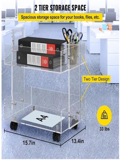 Eworld Versatile Acrylic Carts on Wheels Featuring Thick Board and Lockable Swivel Wheels. 2-Tier -2