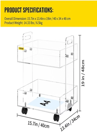 Eworld Versatile Acrylic Carts on Wheels Featuring Thick Board and Lockable Swivel Wheels. 2-Tier -5