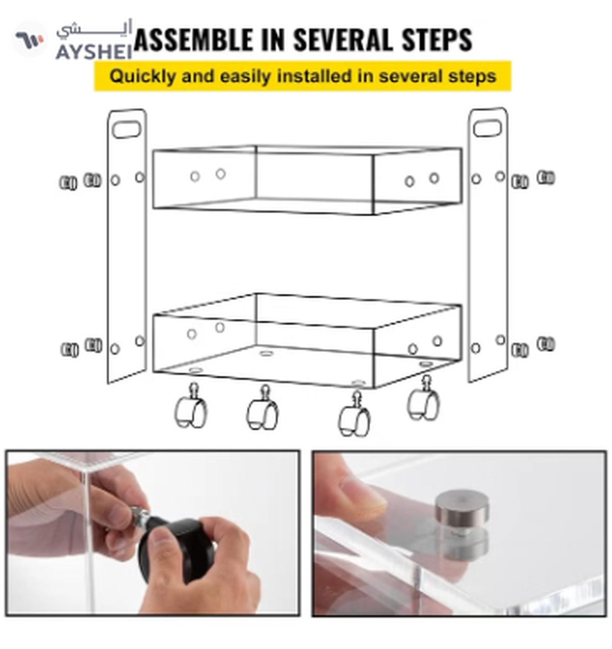 Eworld Versatile Acrylic Carts on Wheels Featuring Thick Board and Lockable Swivel Wheels. 2-Tier -3-3