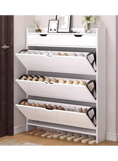 DubaiGallery 4-Tier Household Upgraded Tipping Bucket Design Shoe Rack With Drawers Large Space Shoe Organizer Cabinet Storage 15mm Thick Wood Rack 60 x 17 x 125 Centimeter-1