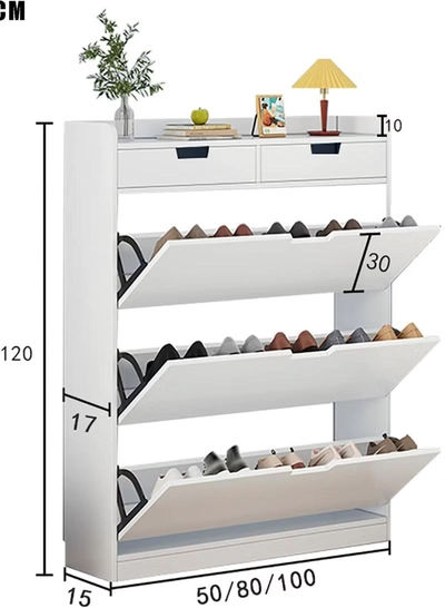 DubaiGallery 4-Tier Household Upgraded Tipping Bucket Design Shoe Rack With Drawers Large Space Shoe Organizer Cabinet Storage 15mm Thick Wood Rack 60 x 17 x 125 Centimeter-2