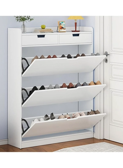 DubaiGallery 4-Tier Household Upgraded Tipping Bucket Design Shoe Rack With Drawers Large Space Shoe Organizer Cabinet Storage 15mm Thick Wood Rack 60 x 17 x 125 Centimeter-0