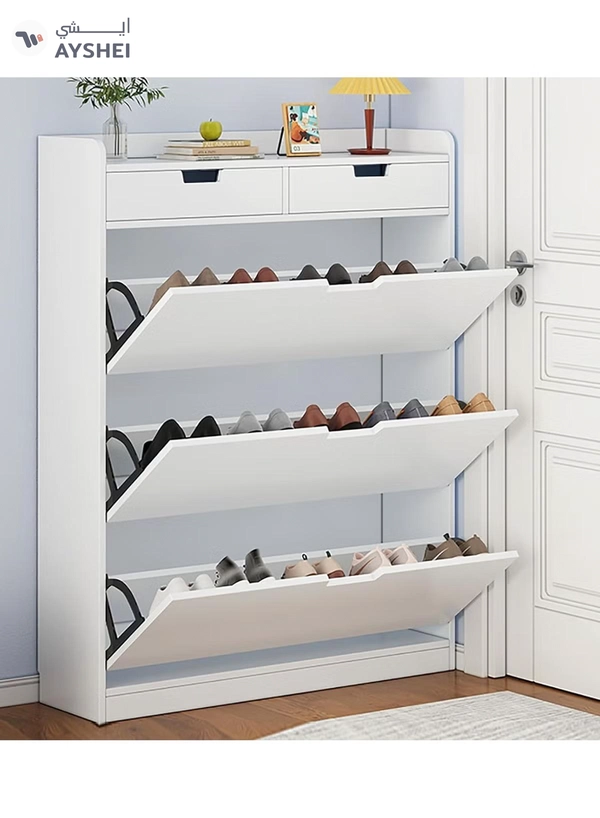 DubaiGallery 4-Tier Household Upgraded Tipping Bucket Design Shoe Rack With Drawers Large Space Shoe Organizer Cabinet Storage 15mm Thick Wood Rack 60 x 17 x 125 Centimeter