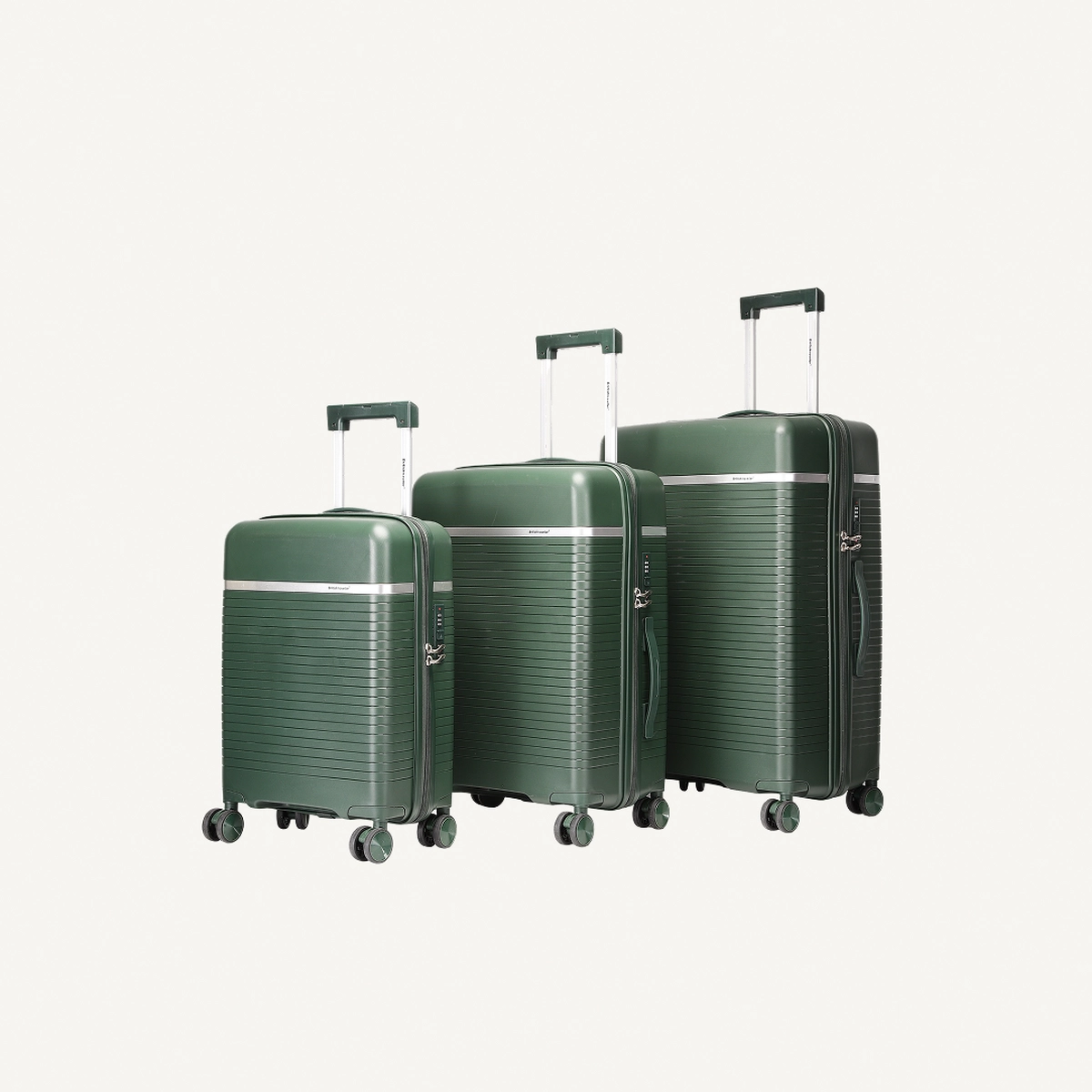 British Traveller 3-Piece Polypropylene Luggage Set | 20”, 24”, 28” Lightweight Suitcases with 360° Spinner Wheels, TSA Lock, Water & Scratch Resistant | Durable Hard Shell Trolley Bags with Telescopic Handle - Green
