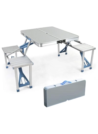 DubaiGallery Folding Camping Picnic Table with 4 Seats with Garden Umbrella Hole Portable Table Aluminum Alloy Frame with Soft Handle Suitable for Barbecue Travel Outing-3