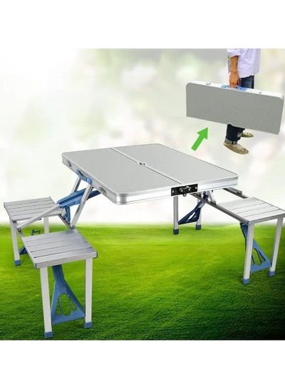 DubaiGallery Folding Camping Picnic Table with 4 Seats with Garden Umbrella Hole Portable Table Aluminum Alloy Frame with Soft Handle Suitable for Barbecue Travel Outing-4