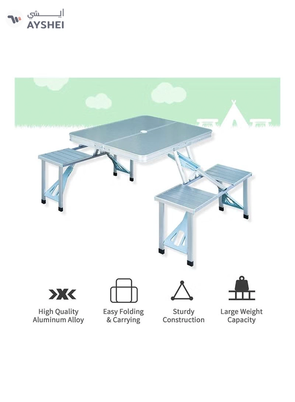 DubaiGallery Folding Camping Picnic Table with 4 Seats with Garden Umbrella Hole Portable Table Aluminum Alloy Frame with Soft Handle Suitable for Barbecue Travel Outing