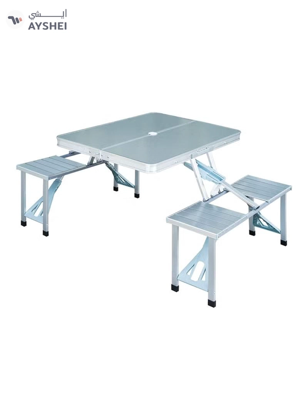 DubaiGallery Folding Camping Picnic Table with 4 Seats with Garden Umbrella Hole Portable Table Aluminum Alloy Frame with Soft Handle Suitable for Barbecue Travel Outing