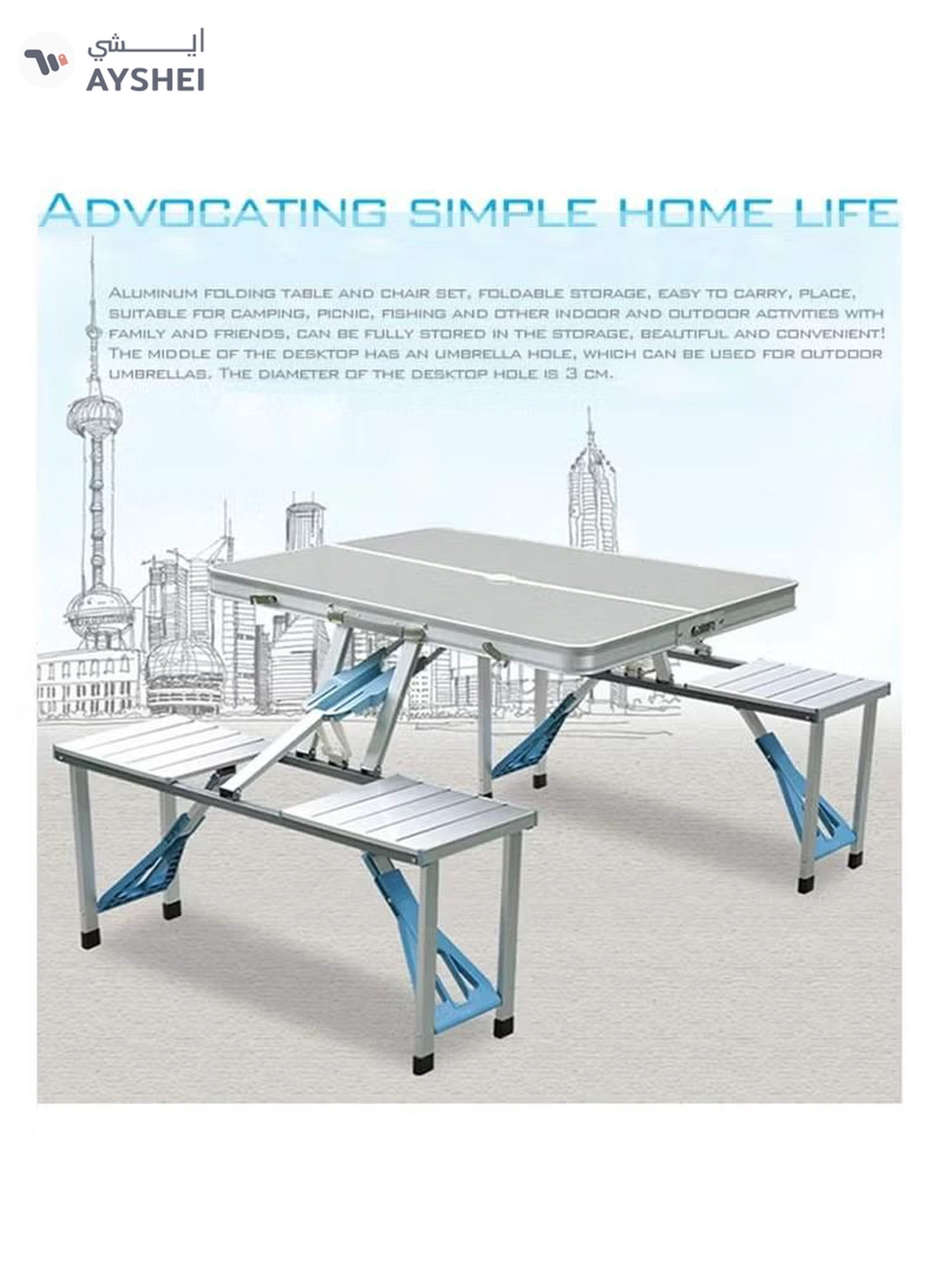 DubaiGallery Folding Camping Picnic Table with 4 Seats with Garden Umbrella Hole Portable Table Aluminum Alloy Frame with Soft Handle Suitable for Barbecue Travel Outing-2-2