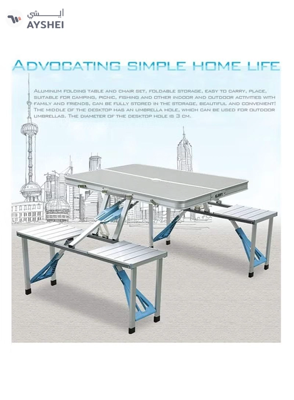 DubaiGallery Folding Camping Picnic Table with 4 Seats with Garden Umbrella Hole Portable Table Aluminum Alloy Frame with Soft Handle Suitable for Barbecue Travel Outing