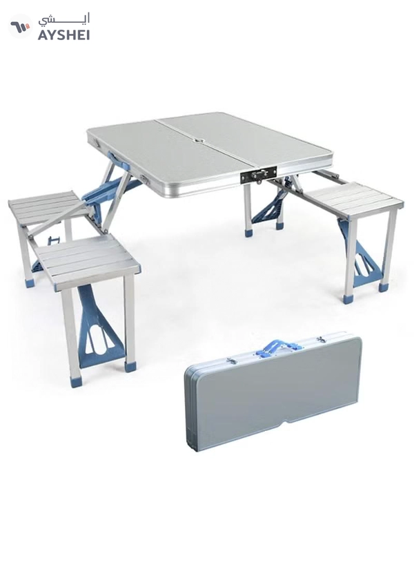 DubaiGallery Folding Camping Picnic Table with 4 Seats with Garden Umbrella Hole Portable Table Aluminum Alloy Frame with Soft Handle Suitable for Barbecue Travel Outing