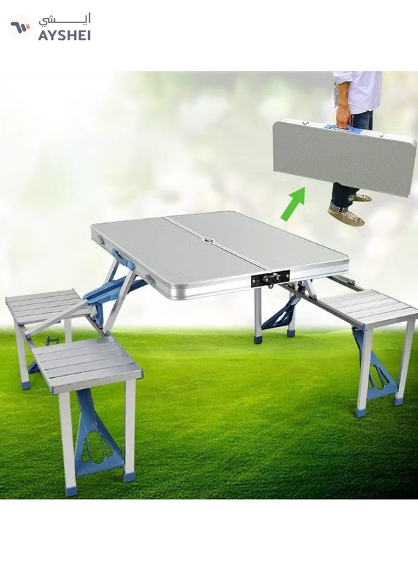 DubaiGallery Folding Camping Picnic Table with 4 Seats with Garden Umbrella Hole Portable Table Aluminum Alloy Frame with Soft Handle Suitable for Barbecue Travel Outing