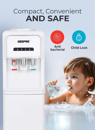 GEEPAS Hot and Cold Water Dispenser with Cabinet- GWD17025/ 3 Taps, Stainless Steel Tank/ Child Lock, Perfect for Home, School, Apartments, Office, etc./ White, 2 Year Warranty GWD17025 white-3
