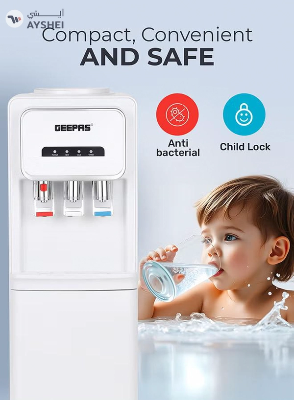 GEEPAS Hot and Cold Water Dispenser with Cabinet- GWD17025/ 3 Taps, Stainless Steel Tank/ Child Lock, Perfect for Home, School, Apartments, Office, etc./ White, 2 Year Warranty GWD17025 white