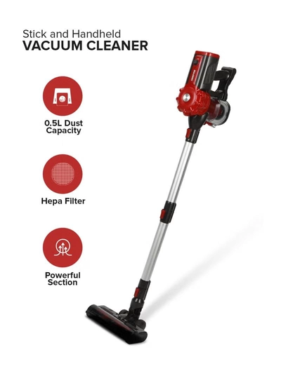 GEEPAS Stick and Handheld Vacuum Cleaner Cyclonic Filtration System, Plastic with HEPA Filter/ Perfect for Home, Office, Apartments/ Easy to Use Model, Low Noise Design/ 2 Years Warranty, Black and Red 0.5 L 800 W GVC19037 RED AND BLACK-0
