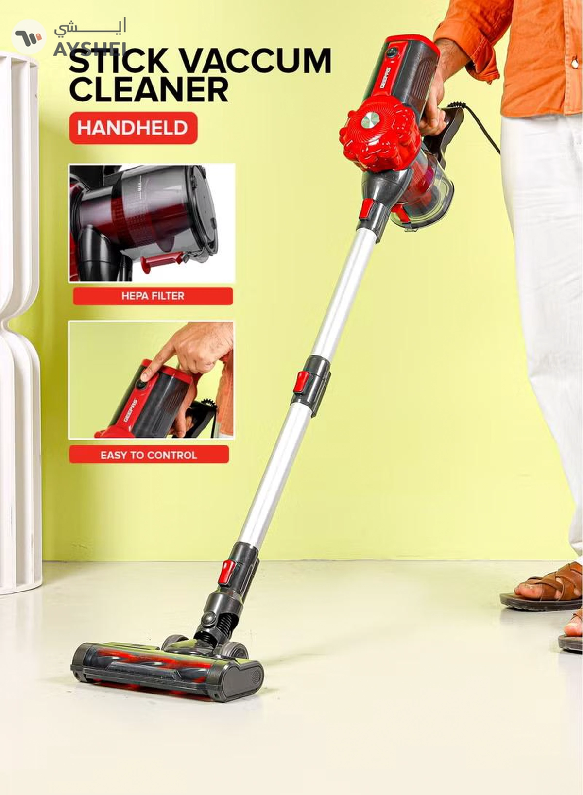 GEEPAS Stick and Handheld Vacuum Cleaner Cyclonic Filtration System, Plastic with HEPA Filter/ Perfect for Home, Office, Apartments/ Easy to Use Model, Low Noise Design/ 2 Years Warranty, Black and Red 0.5 L 800 W GVC19037 RED AND BLACK-5-5