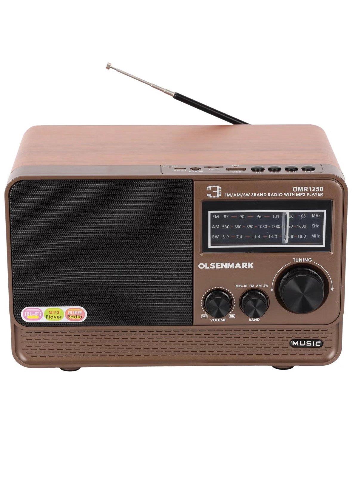 Olsenmark Rechargeable Radio with MP3 Player OMR1250, Wireless Connection, Good Sound Quality, 3 Band, USB, TF, FM Functions, Bluetooth, Equipped with Battery, Portable and Lightweight Design-0-0