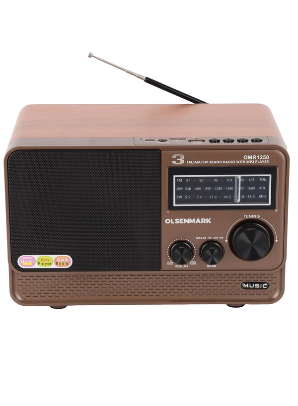 Olsenmark Rechargeable Radio with MP3 Player OMR1250, Wireless Connection, Good Sound Quality, 3 Band, USB, TF, FM Functions, Bluetooth, Equipped with Battery, Portable and Lightweight Design