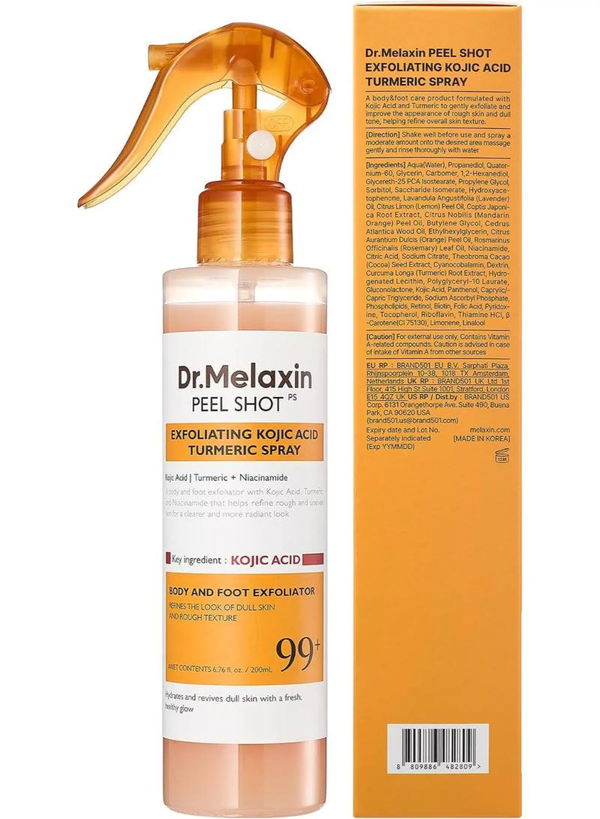 Dr. Melaxin Peel Shot Body and Foot Exfoliating Spray with Kojic Acid, Turmeric and Niacinamide 200ml – Daily Skin Refining Care for Dull, Rough-Looking Areas and a Softer, Smoother, More Radiant Appearance
